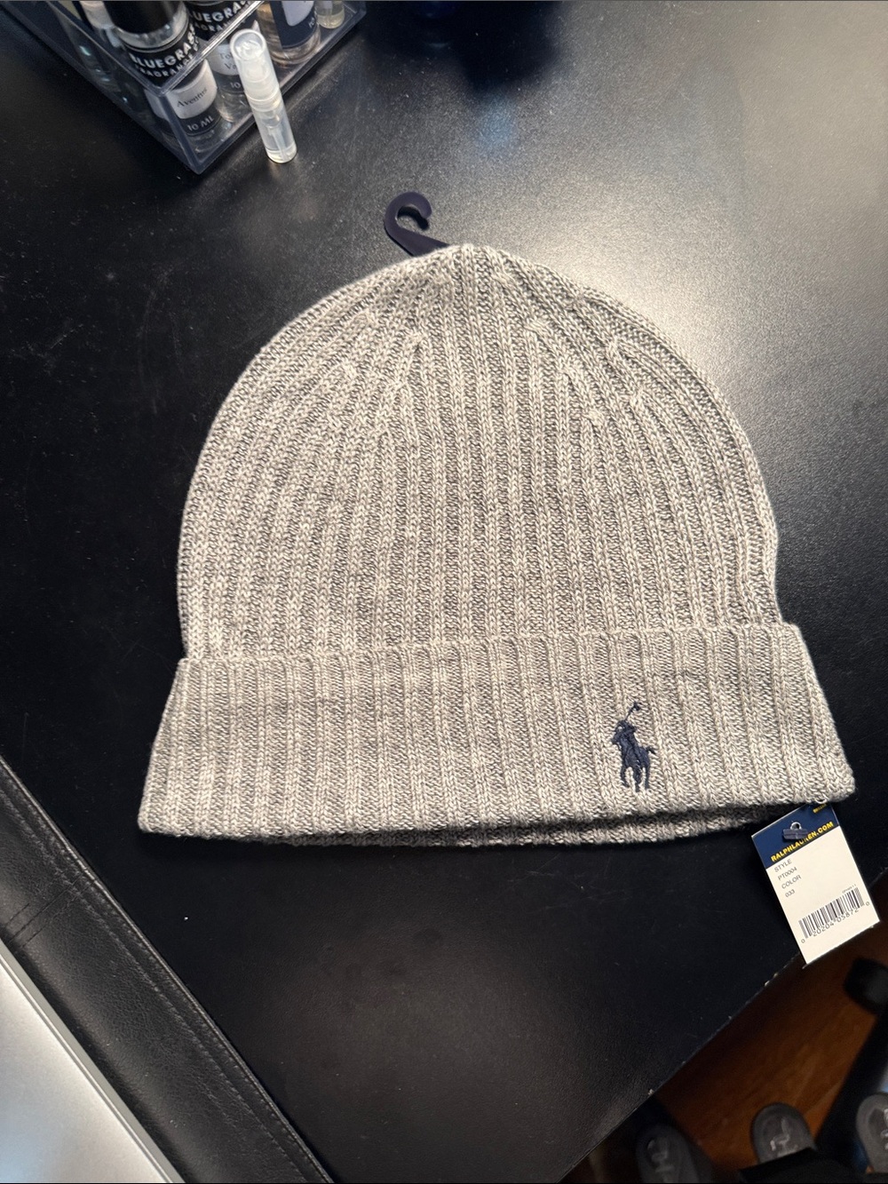 Ralph Lauren Grey Rib Knit Beanie with Navy Pony